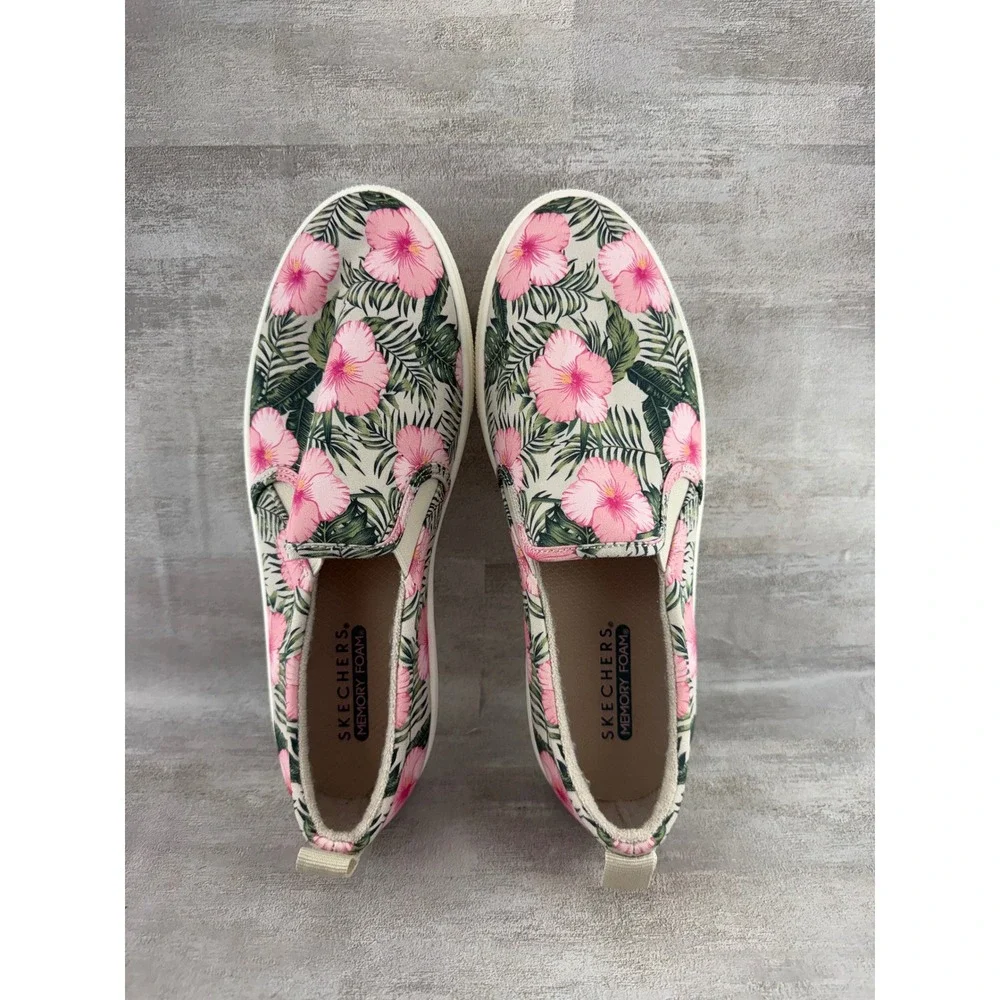 Skechers Women 155218 Tropical Hibiscus Floral Slip On Sneakers Pink White Sz 8